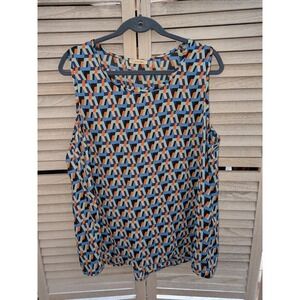 Cotton Bleu Womens XL Geometric Abstract Print Sleeveless Blouse Blue Orange Top